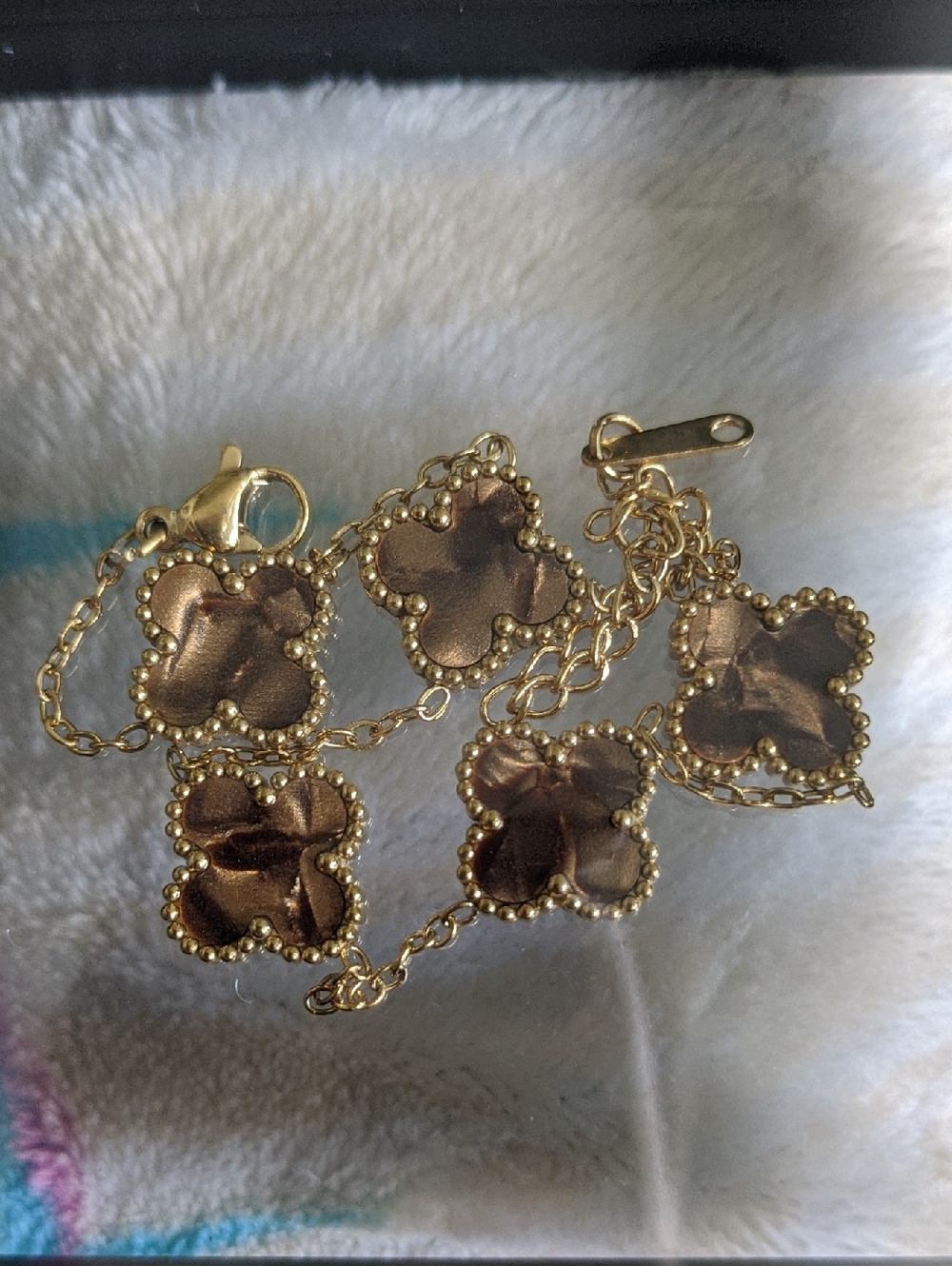 Gold-Tone Clover Floral Link Bracelet - Brown Petal Accents Stainless Steel